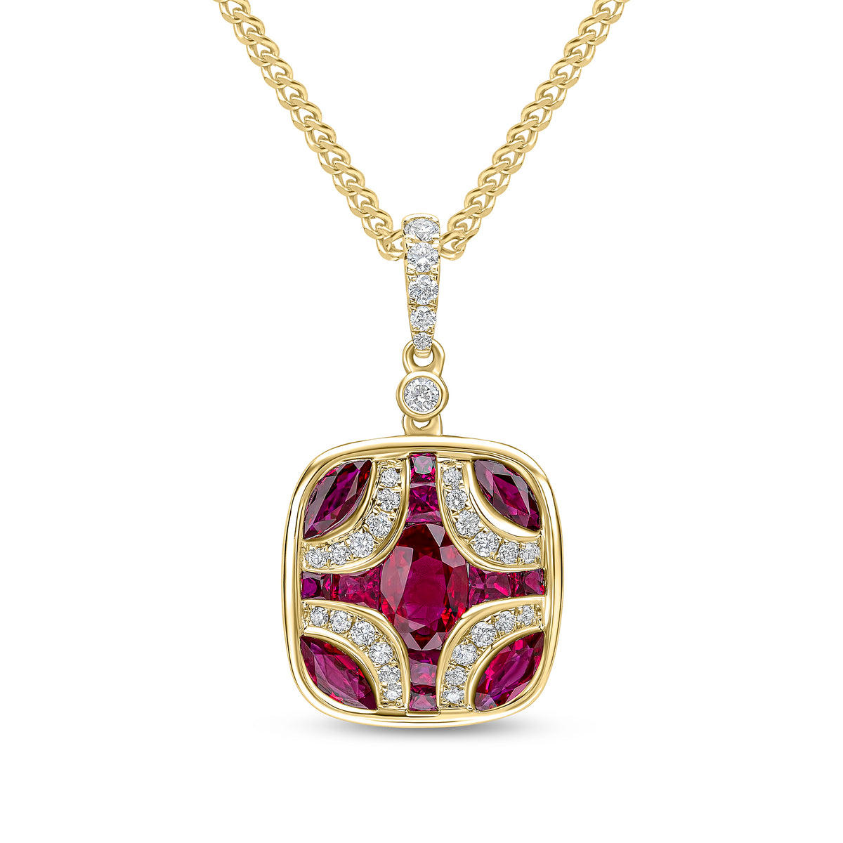 18ct Yellow Gold Natural Ruby & Diamond Shield Pendant with Diamond Set Loop