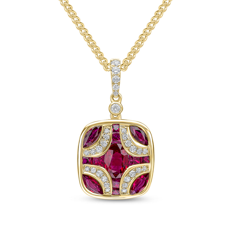 18ct Yellow Gold Natural Ruby & Diamond Shield Pendant with Diamond Set Loop