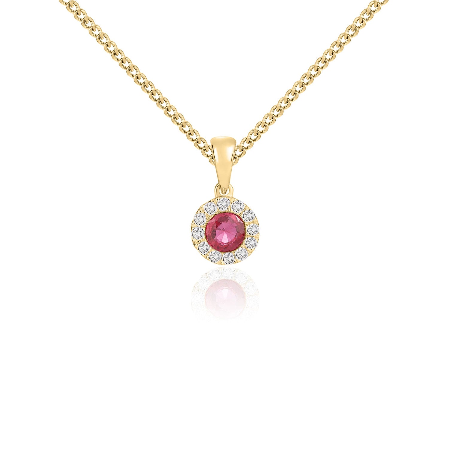 18ct Yellow Gold Round Natural Ruby and Diamond Cluster Pendant — 4mm