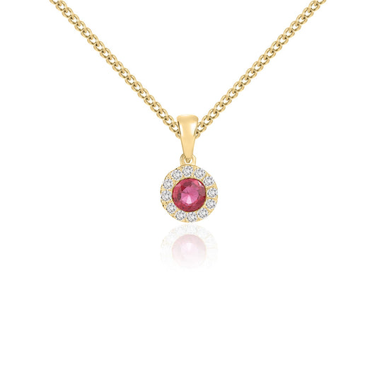 18ct Yellow Gold Round Natural Ruby and Diamond Cluster Pendant — 4mm
