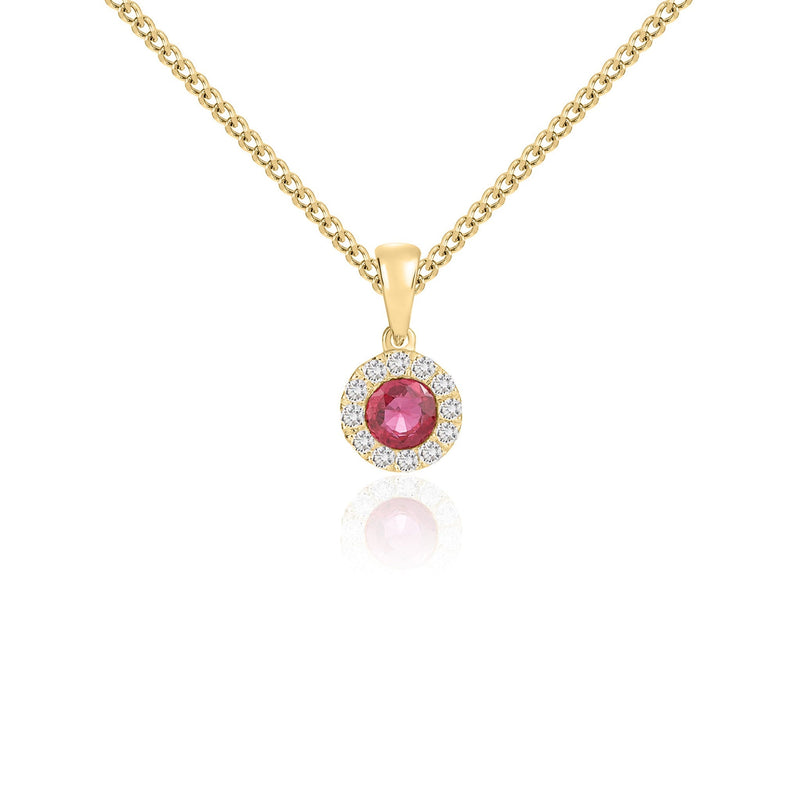 18ct Yellow Gold Round Natural Ruby & Diamond Microset Cluster Pendant — 4mm