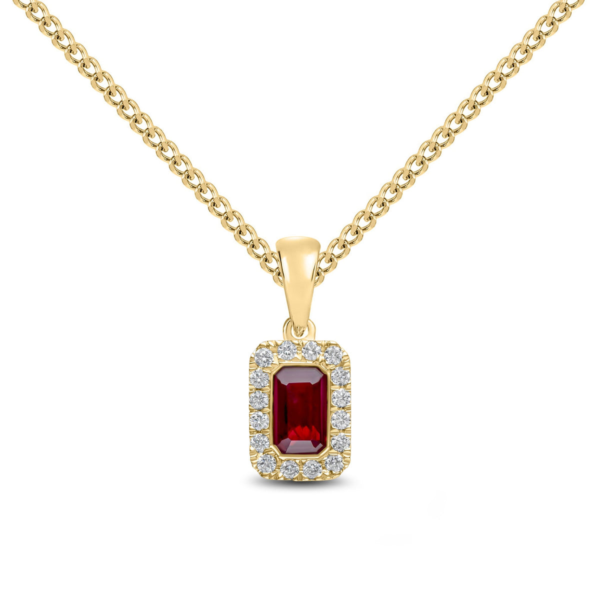 18ct Yellow Gold Octagonal Natural Ruby & Diamond Microset Cluster Pendant — 5x3mm