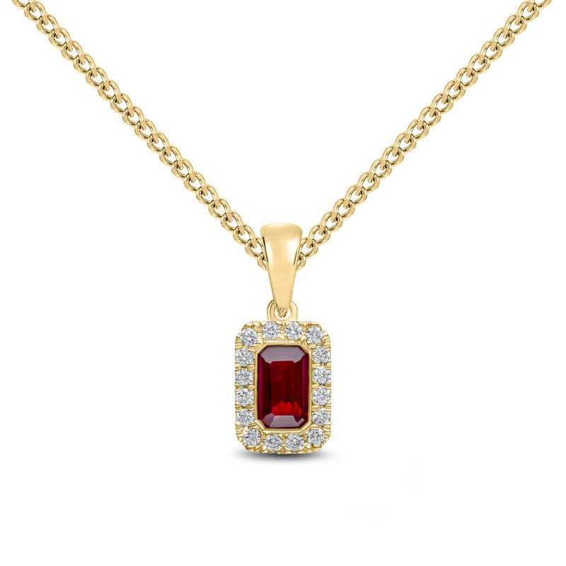 18ct Yellow Gold Octagonal Natural Ruby & Diamond Microset Cluster Pendant — 5x3mm