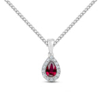 18ct White Gold Pear Shaped Natural Ruby & Diamond Microset Cluster Pendant — 6x4mm