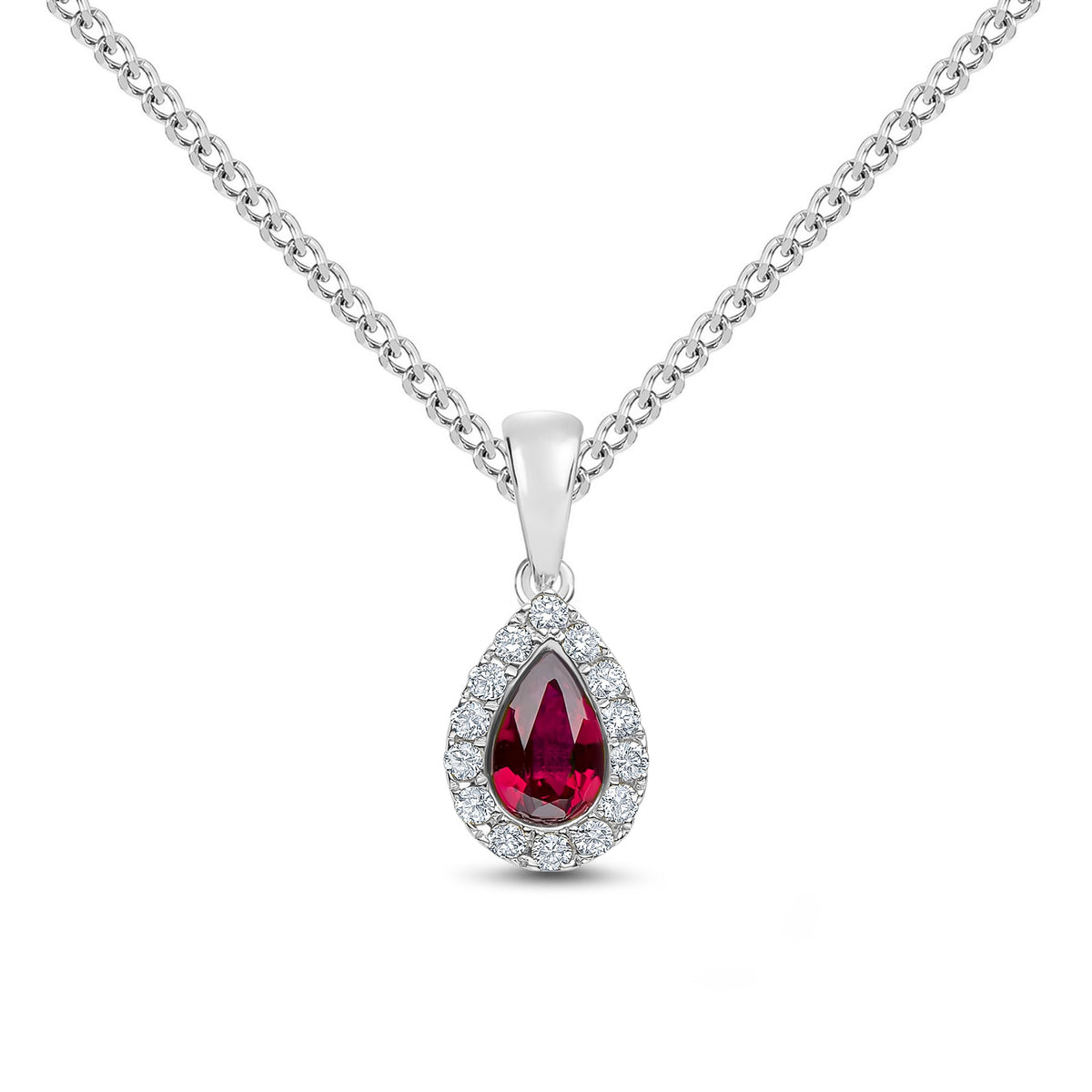 18ct White Gold Pear Shaped Natural Ruby & Diamond Microset Cluster Pendant — 6x4mm