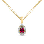 18ct Yellow Gold Pear Shaped Natural Ruby & Diamond Microset Cluster Pendant — 6x4mm