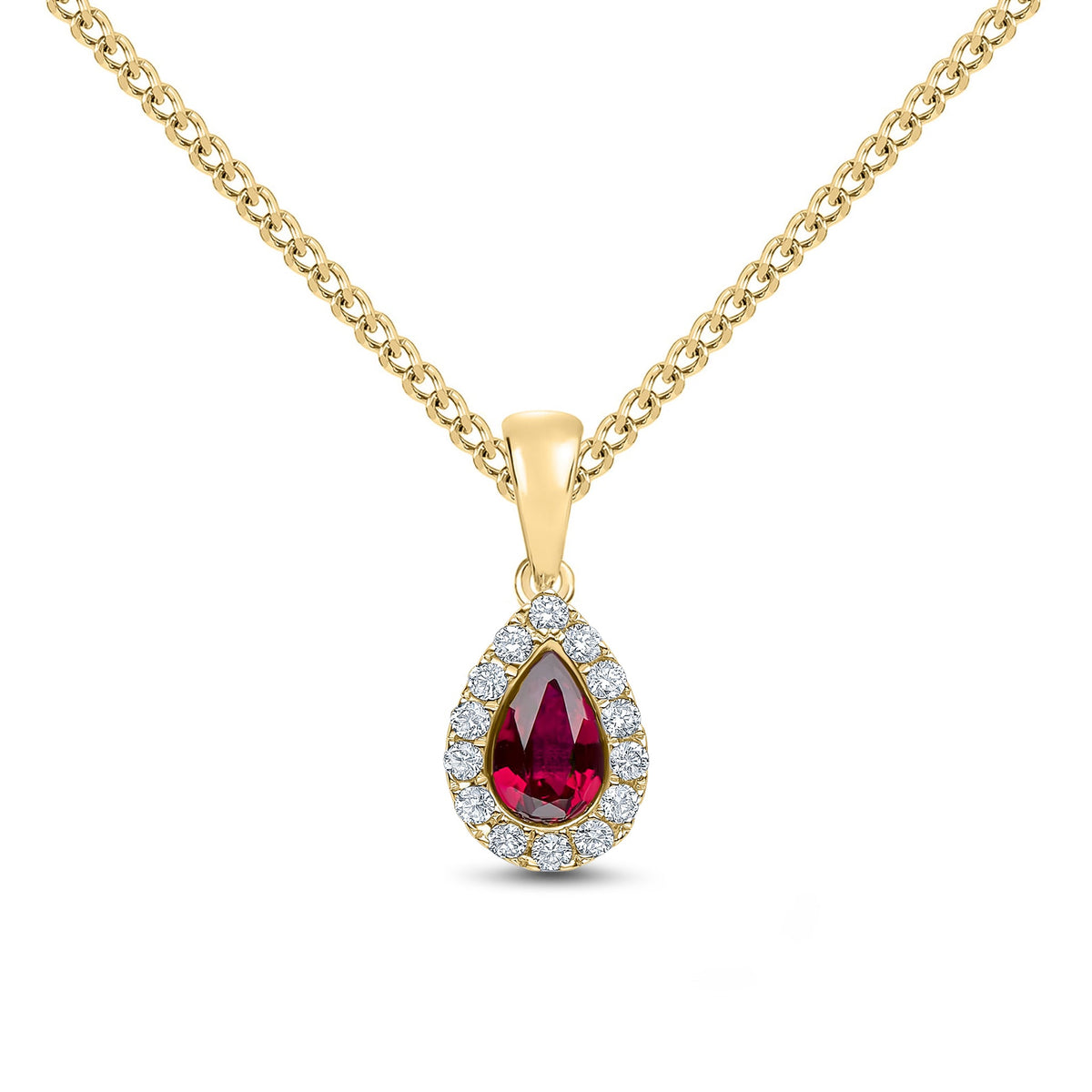 18ct Yellow Gold Pear Shaped Natural Ruby & Diamond Microset Cluster Pendant — 6x4mm