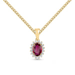 18ct Yellow Gold Oval Natural Ruby & Diamond Claw Set Cluster Pendant — 6x4mm