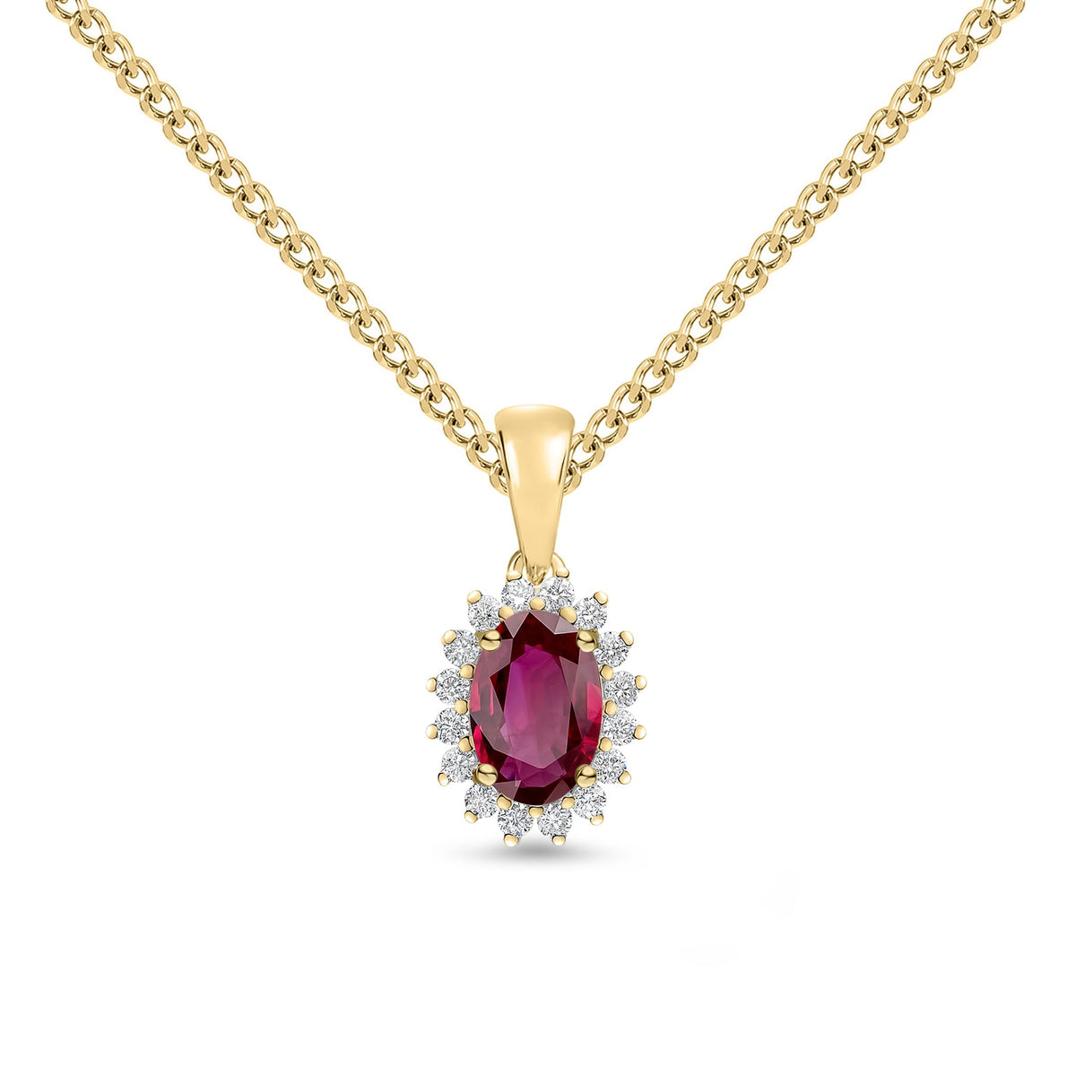 18ct Yellow Gold Oval Natural Ruby & Diamond Claw Set Cluster Pendant — 6x4mm