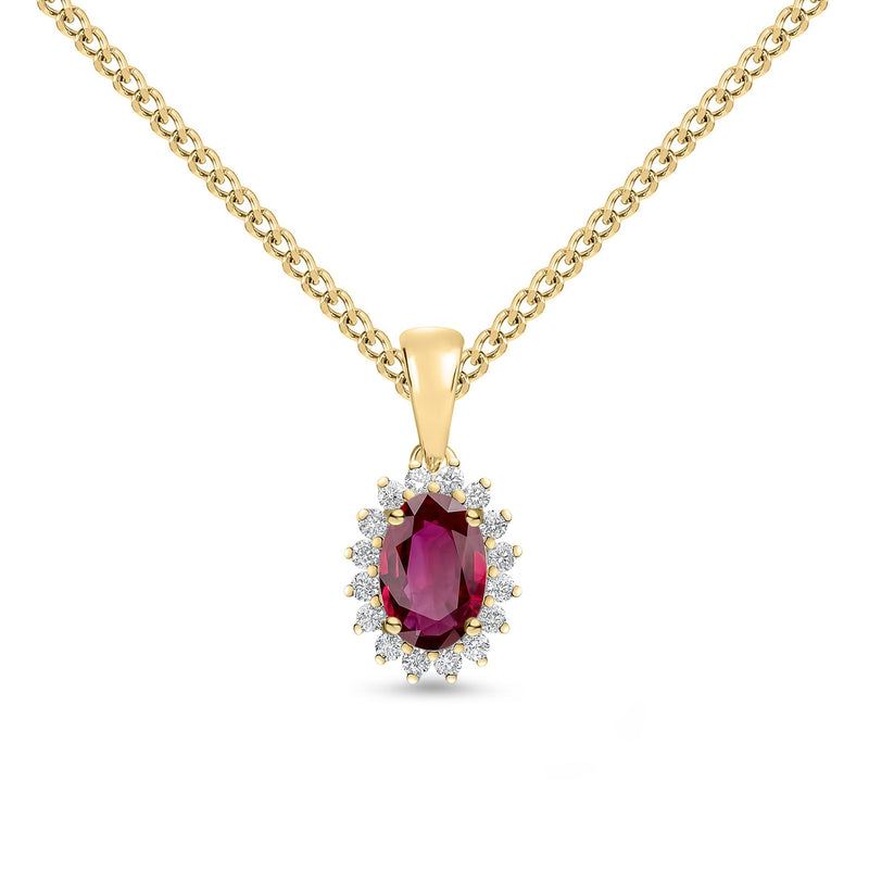 18ct Yellow Gold Oval Natural Ruby & Diamond Claw Set Cluster Pendant — 6x4mm