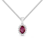 18ct White Gold Oval Natural Ruby & Diamond Claw Set Cluster Pendant — 6x4mm