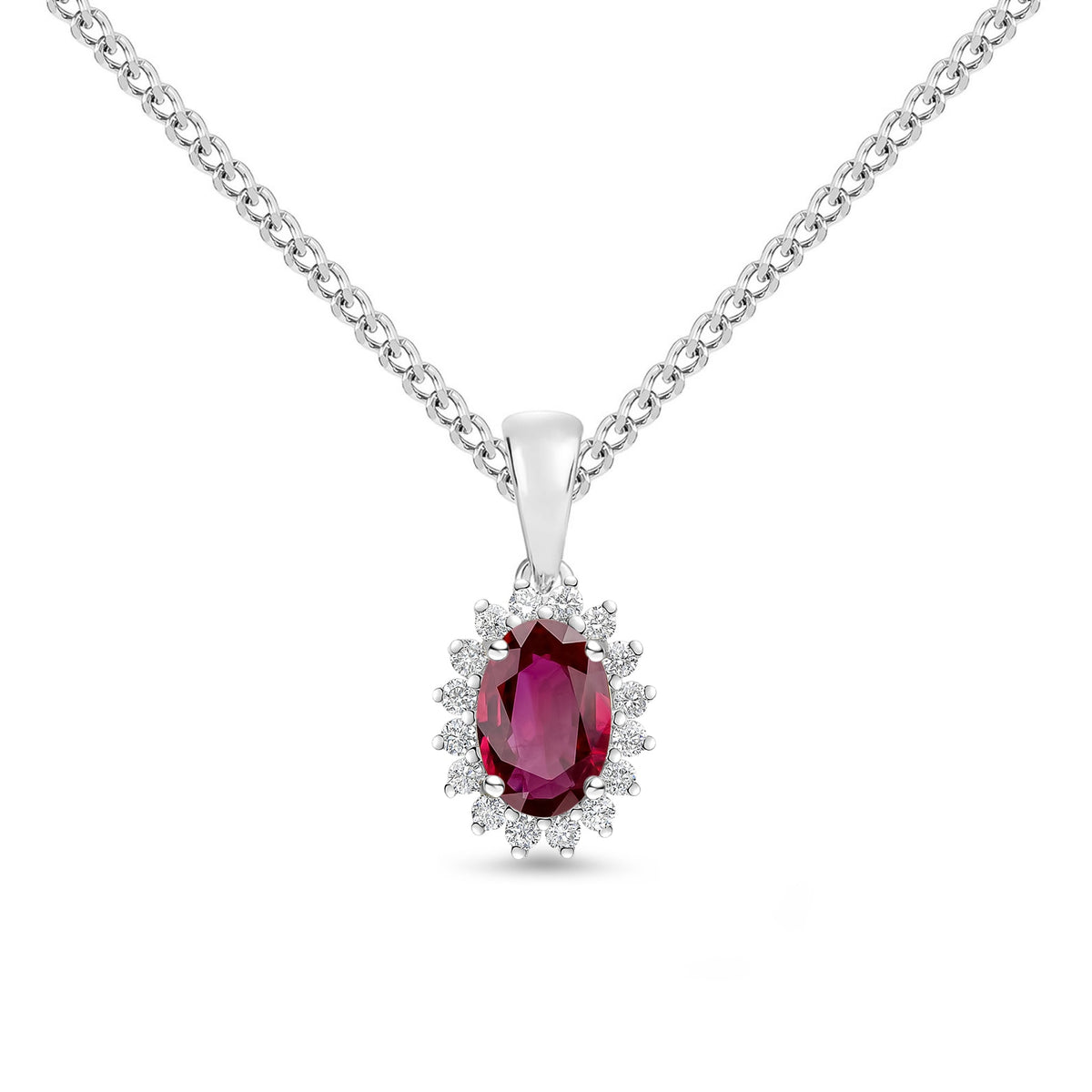 18ct White Gold Oval Natural Ruby & Diamond Claw Set Cluster Pendant — 6x4mm