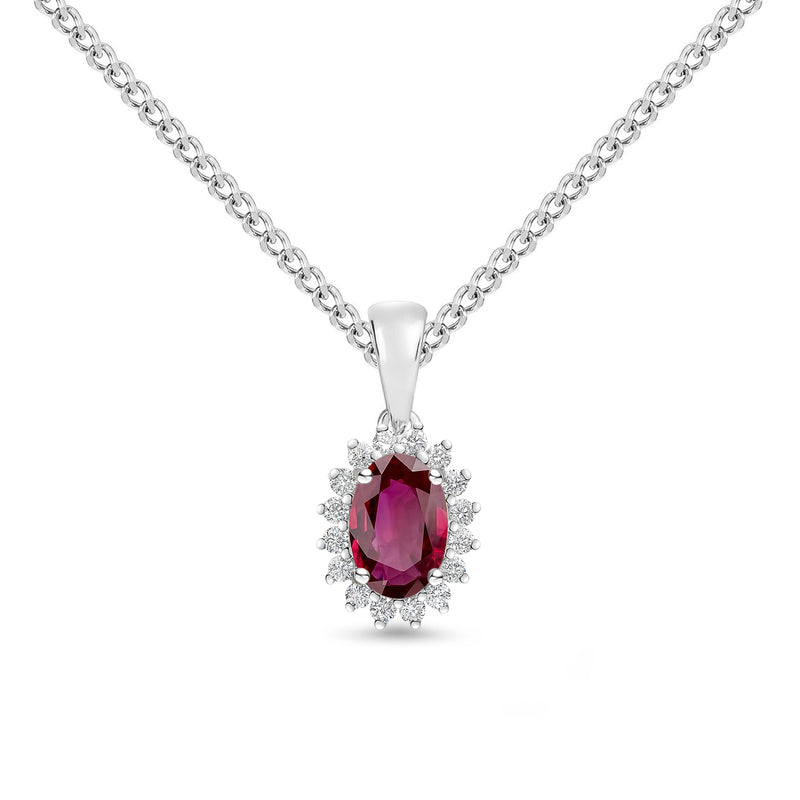 18ct White Gold Oval Natural Ruby & Diamond Claw Set Cluster Pendant — 6x4mm