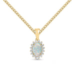 18ct Yellow Gold Oval Natural Opal & Diamond Claw Set Cluster Pendant — 6x4mm