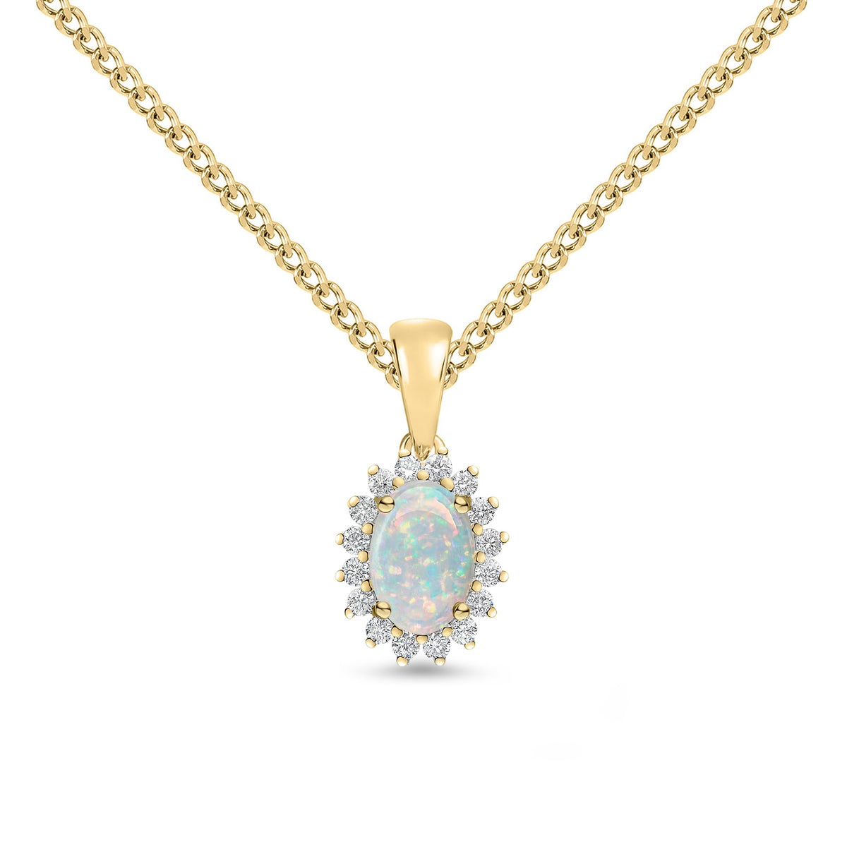 18ct Yellow Gold Oval Natural Opal & Diamond Claw Set Cluster Pendant — 6x4mm