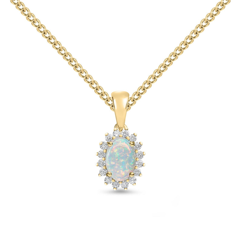 18ct Yellow Gold Oval Natural Opal & Diamond Claw Set Cluster Pendant — 6x4mm