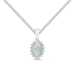 18ct White Gold Oval Natural Opal & Diamond Claw Set Cluster Pendant — 6x4mm