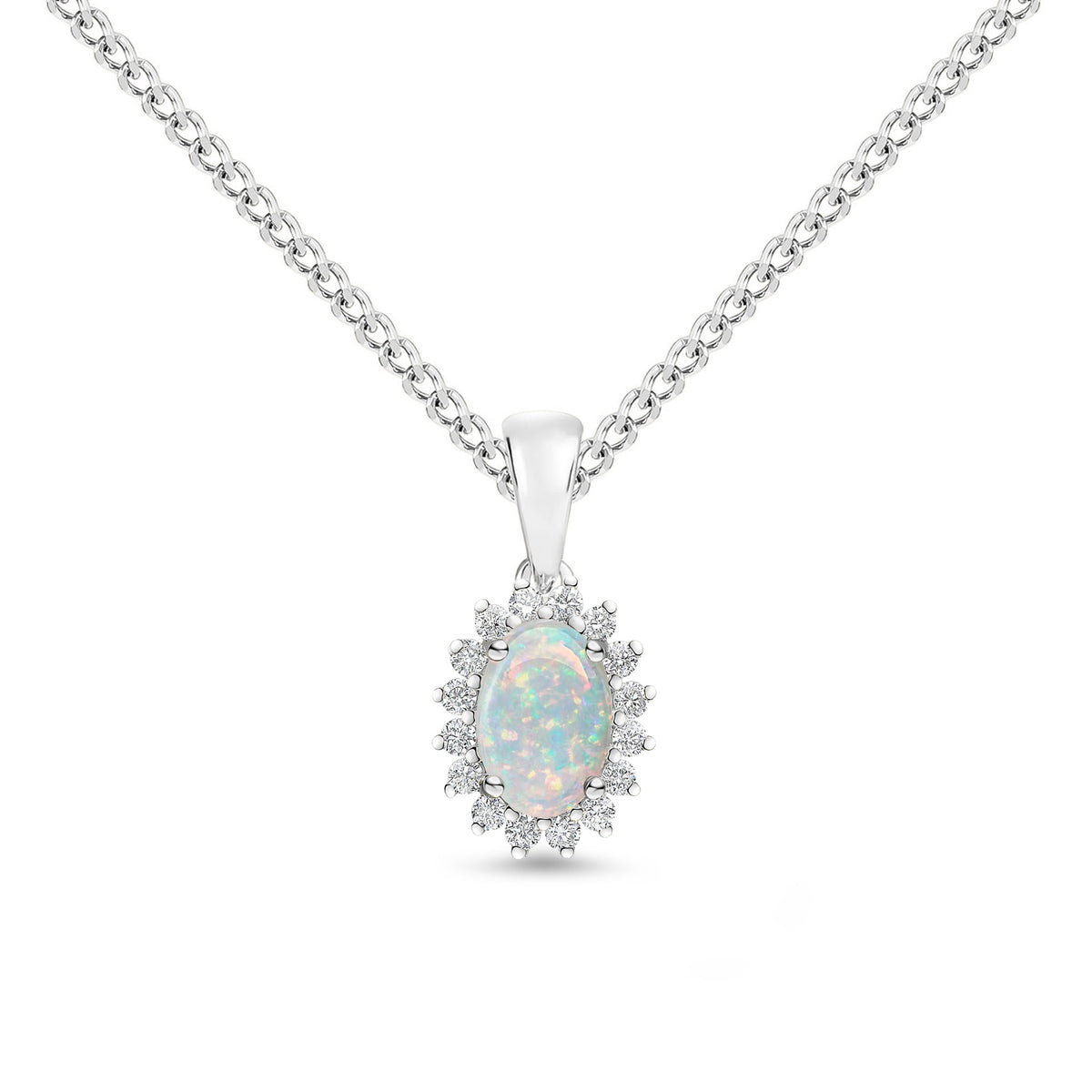 18ct White Gold Oval Natural Opal & Diamond Claw Set Cluster Pendant — 6x4mm
