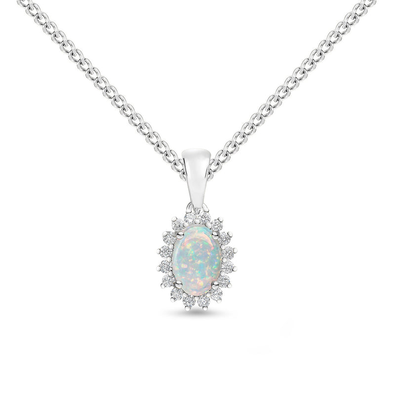 18ct White Gold Oval Natural Opal & Diamond Claw Set Cluster Pendant — 6x4mm