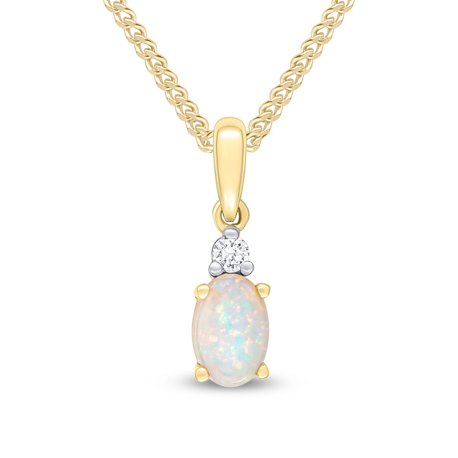 18ct Yellow Gold Oval Natural Opal and Diamond Claw Set 2 Stone Pendant —6x4mm