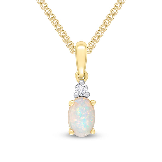18ct Yellow Gold Oval Natural Opal and Diamond Claw Set 2 Stone Pendant —6x4mm