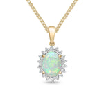 18ct Yellow Gold Oval Natural Opal & Diamond Claw Set Cluster Pendant — 8x6mm