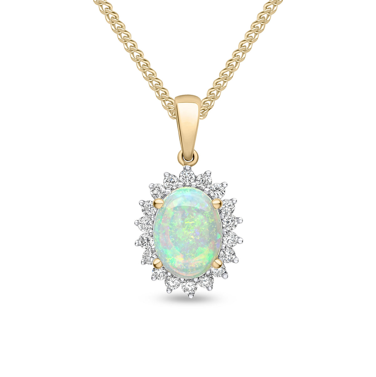 18ct Yellow Gold Oval Natural Opal & Diamond Claw Set Cluster Pendant — 8x6mm