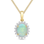 18ct Yellow Gold Oval Natural Opal & Diamond Claw Set Cluster Pendant — 9x7mm