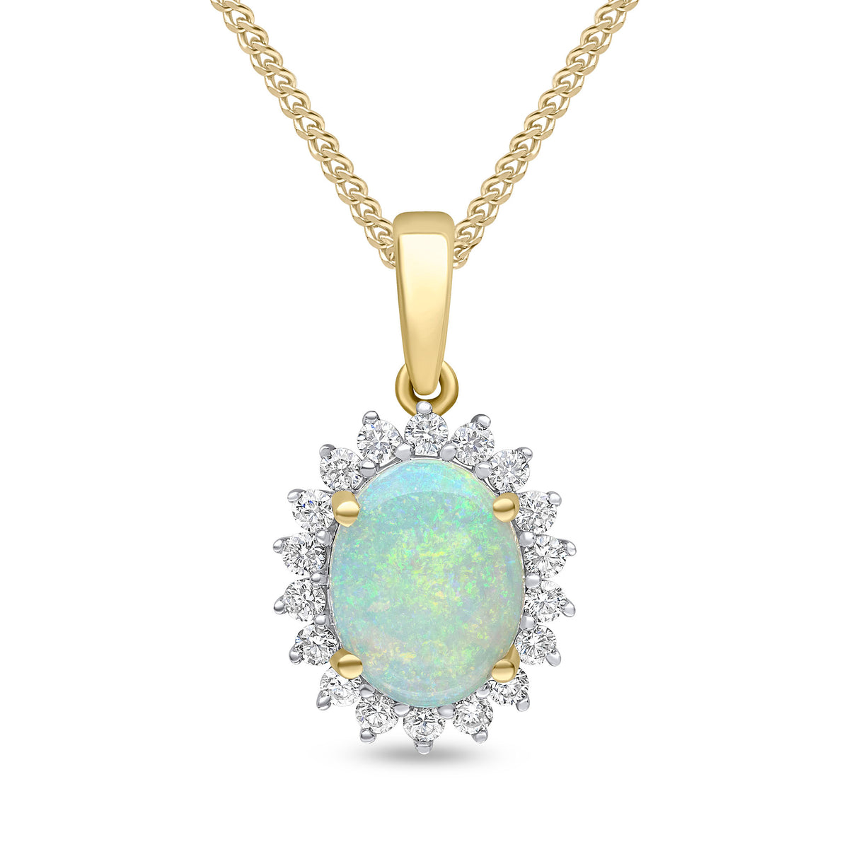18ct Yellow Gold Oval Natural Opal & Diamond Claw Set Cluster Pendant — 9x7mm