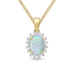 18ct Yellow Gold Oval Natural Opal & Diamond Claw Set Cluster Pendant — 7x5mm