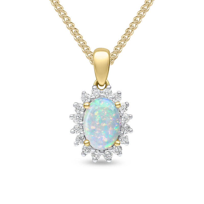 18ct Yellow Gold Oval Natural Opal & Diamond Claw Set Cluster Pendant — 7x5mm