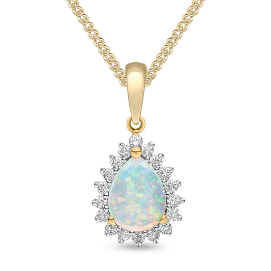 18ct Yellow Gold Pear Shaped Natural Opal and Diamond Cluster Pendant — 8x6mm