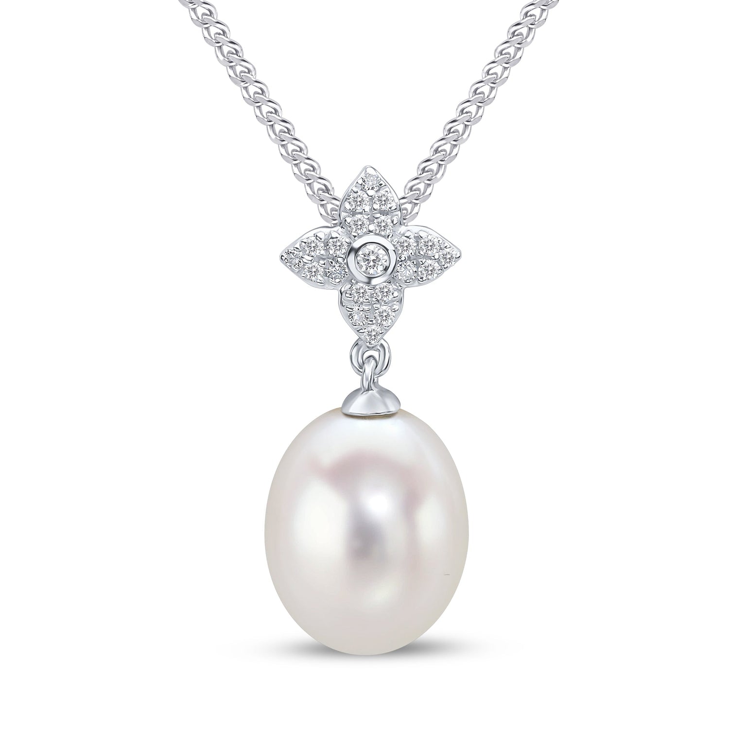 9ct White Gold Natural Diamond Floral Pearl Pendant — 20mm