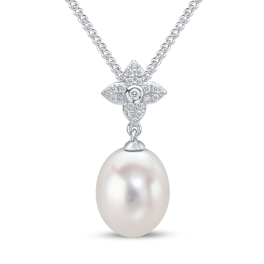 9ct White Gold Natural Diamond Floral Pearl Pendant — 20mm