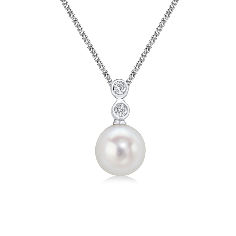 18ct White Gold Freshwater Pearl & Diamond Three Stone Rubover Pendant — 7mm