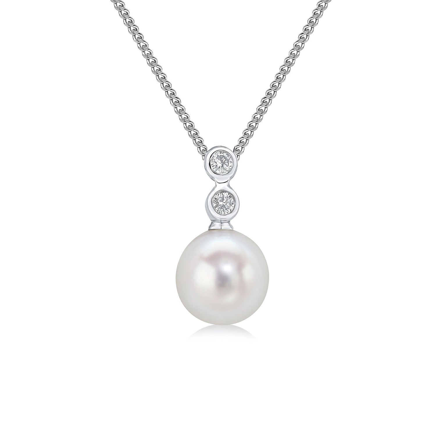 18ct White Gold Natural Pearl and Rubover Diamond Three Stone Pendant — 7–7.5mm