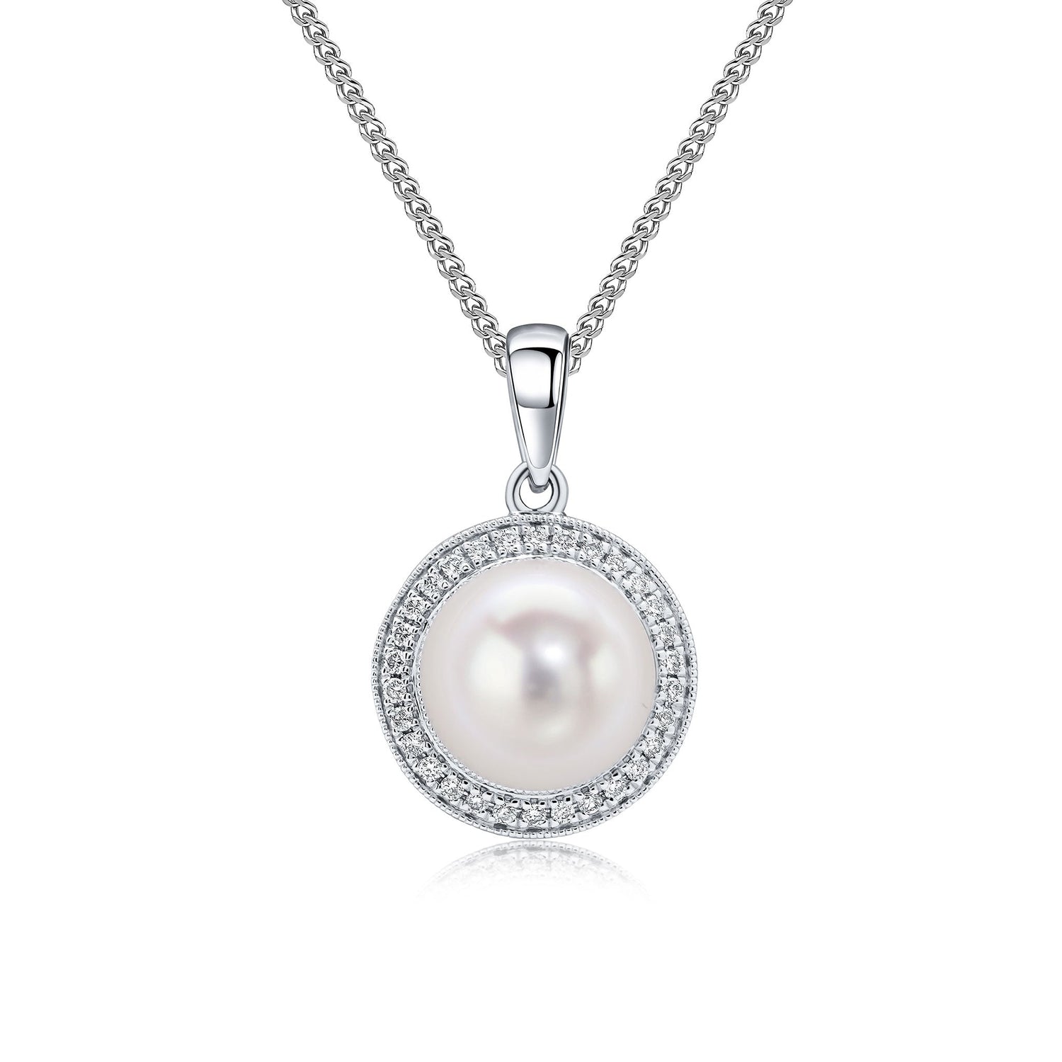 18ct White Gold Natural Pearl and Millegrain Diamond Round Cluster Pendant — 8–8.5mm