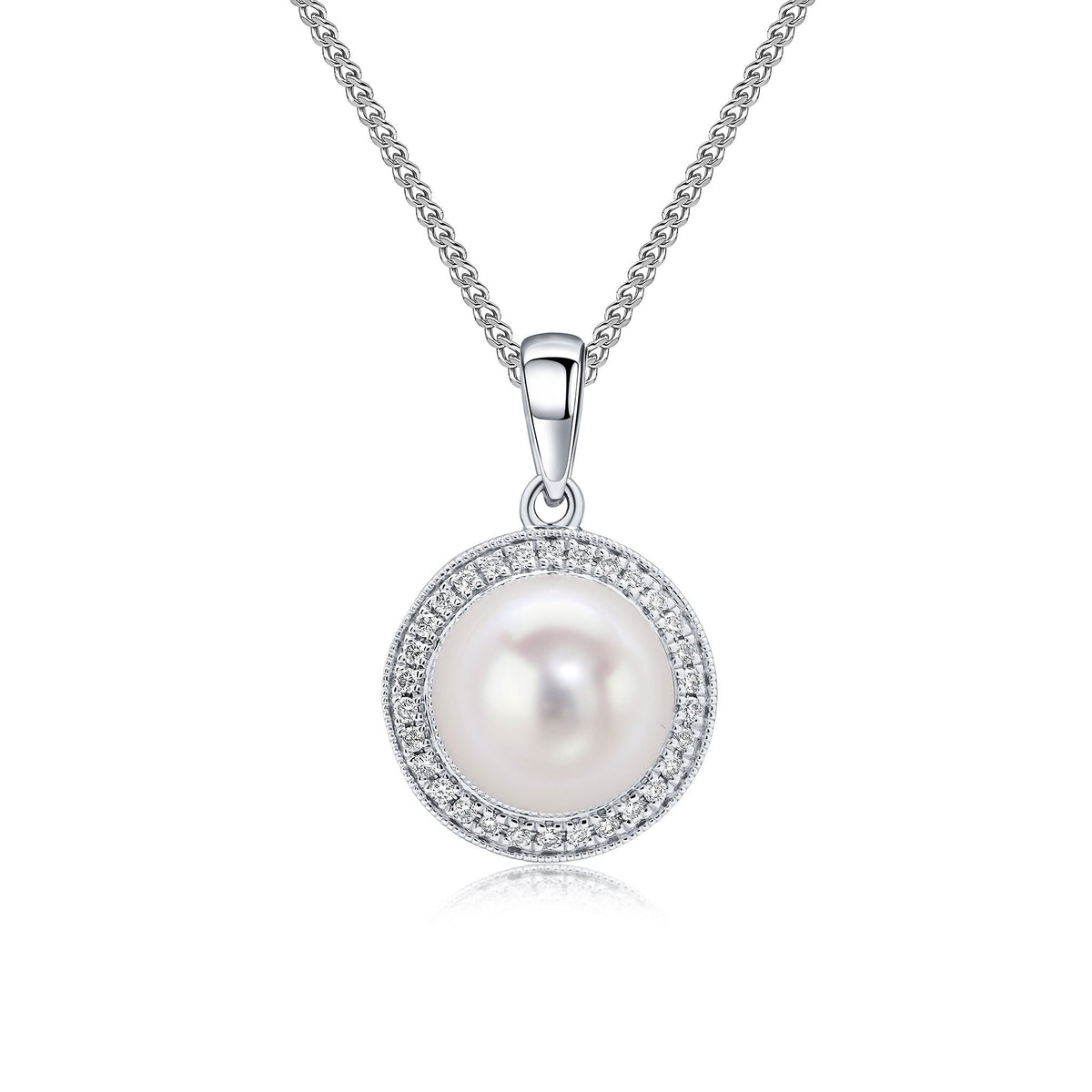 18ct White Gold Freshwater Pearl & Diamond Millegrain Round Cluster Pendant — 8mm