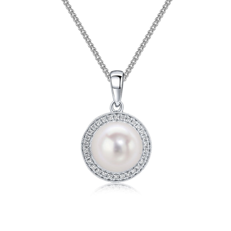 18ct White Gold Freshwater Pearl & Diamond Millegrain Round Cluster Pendant — 8mm