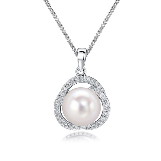 18ct White Gold Natural Pearl and Diamond Fancy Cluster Pendant — 8–8.5mm