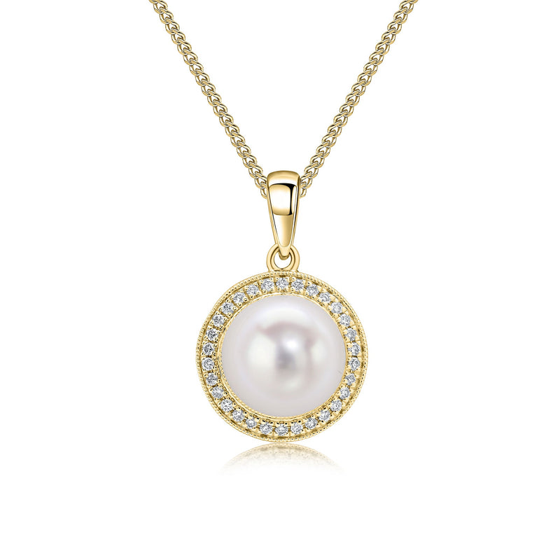 18ct Yellow Gold Freshwater Pearl & Diamond Millegrain Round Cluster Pendant — 8mm
