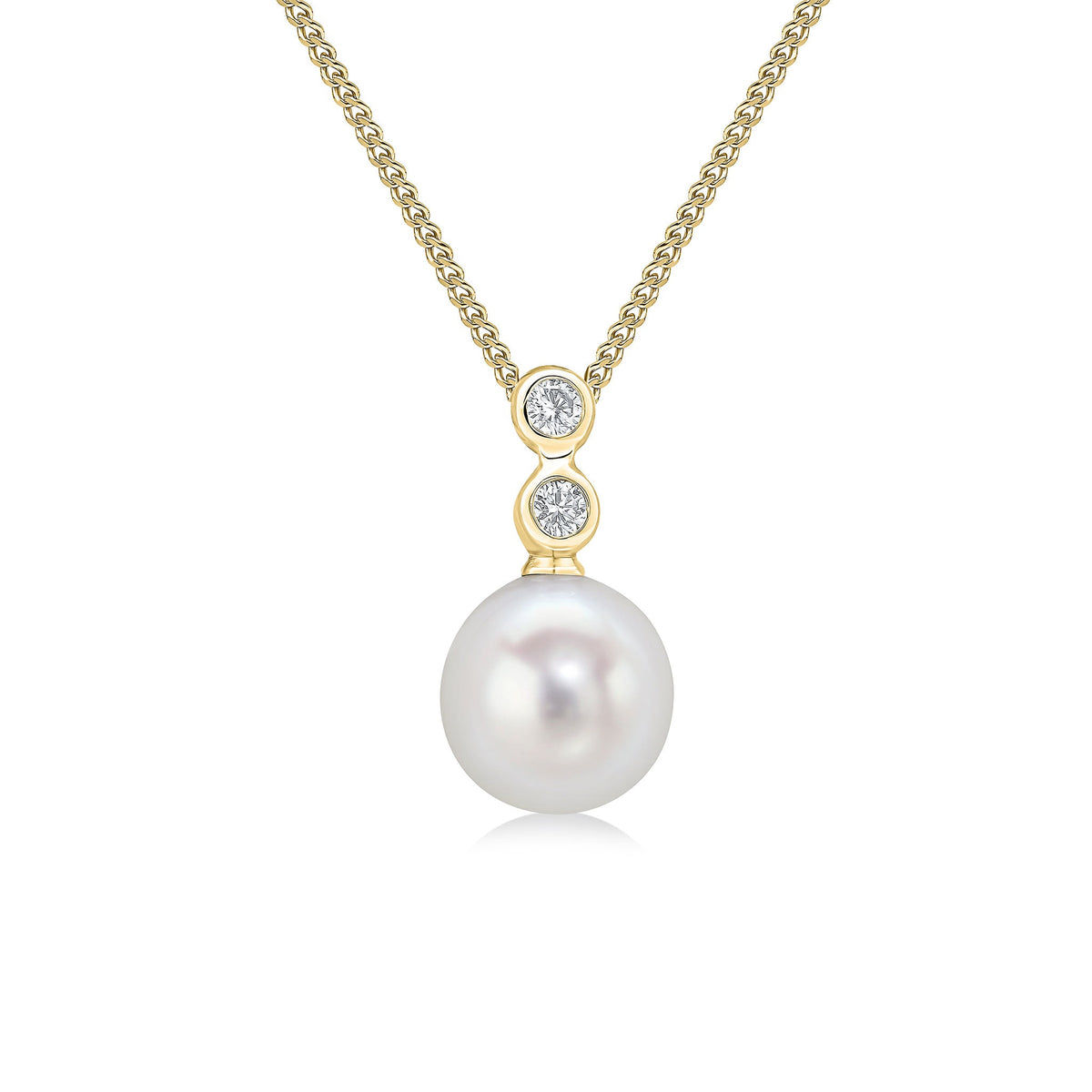 18ct Yellow Gold Freshwater Pearl & Diamond Three Stone Rubover Pendant — 7mm