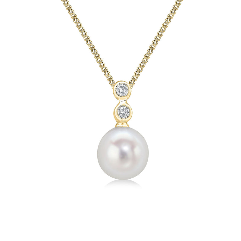 18ct Yellow Gold Freshwater Pearl & Diamond Three Stone Rubover Pendant — 7mm