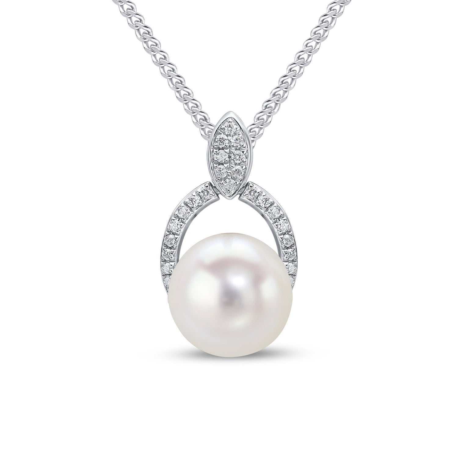 18ct White Gold Natural Pearl with Grain Set Diamond 'Horseshoe' Top Pendant