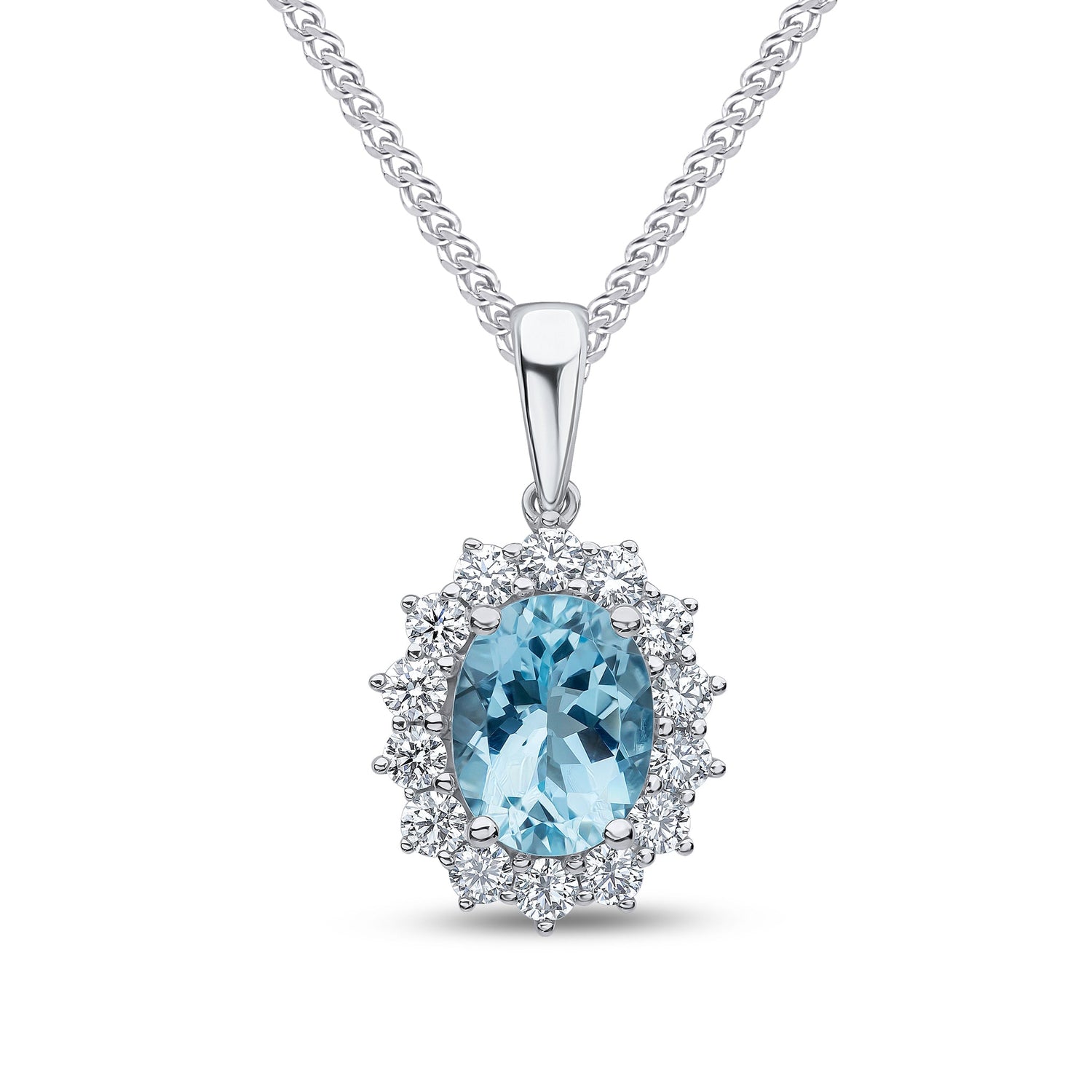 18ct White Gold Oval Natural Aquamarine and Round Diamond Claw Cluster Pendant — 9x7mm