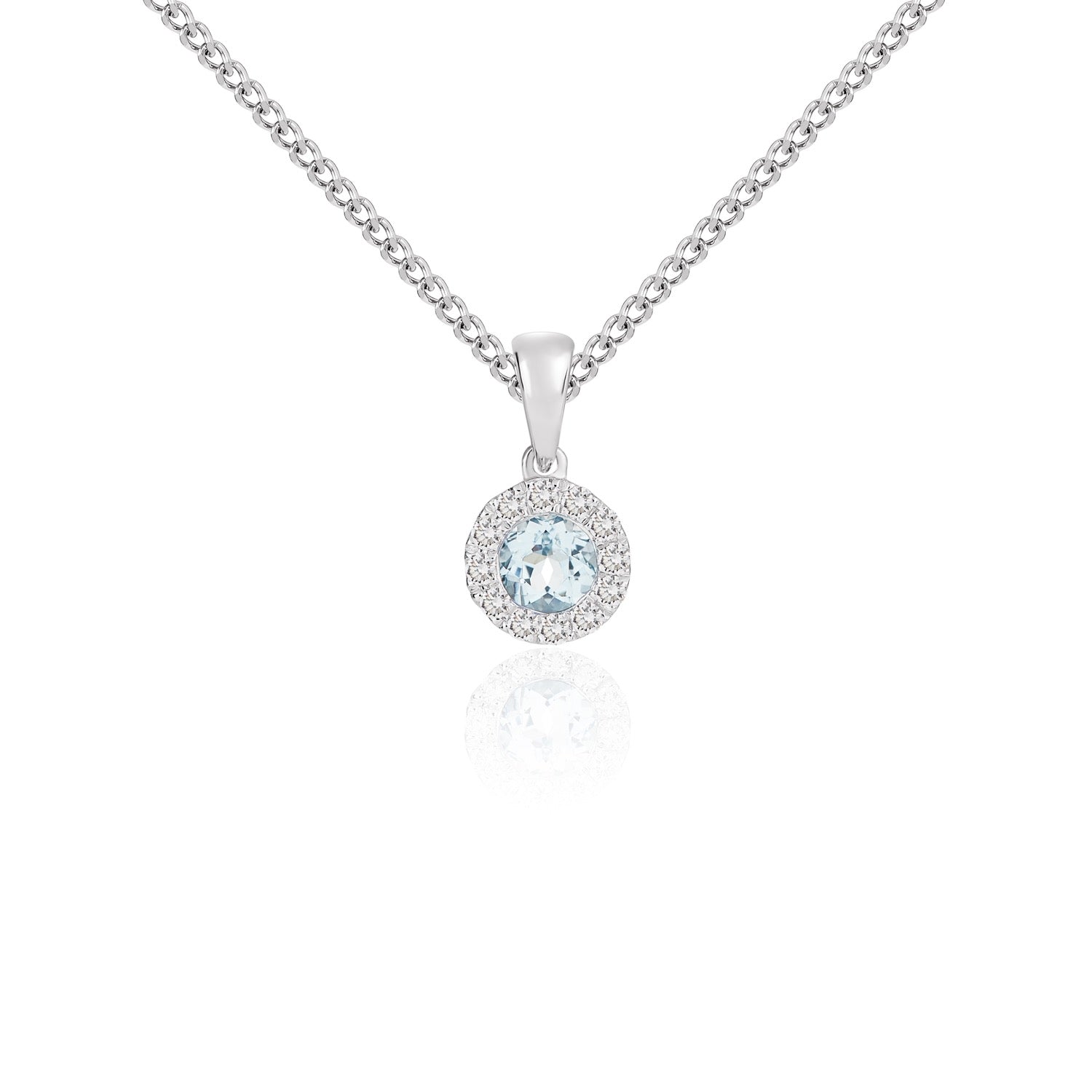 18ct White Gold Round Natural Aquamarine and Diamond Cluster Pendant — 4mm