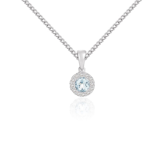 18ct White Gold Round Natural Aquamarine and Diamond Cluster Pendant — 4mm