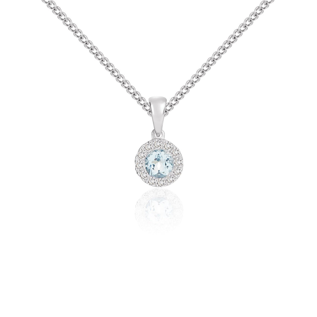 18ct White Gold Round Natural Aquamarine & Diamond Microset Cluster Pendant — 4mm