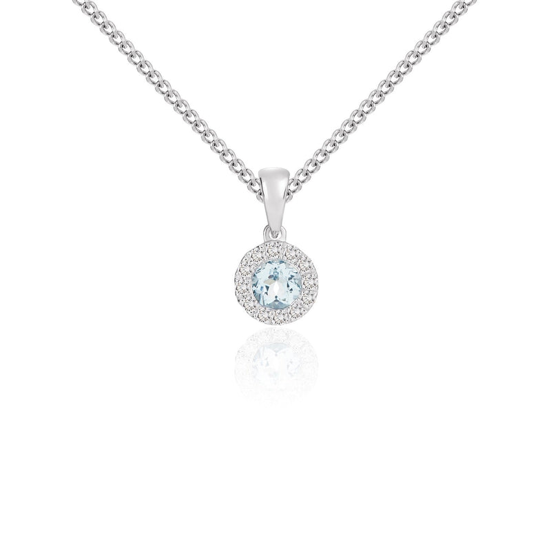 18ct White Gold Round Natural Aquamarine & Diamond Microset Cluster Pendant — 4mm