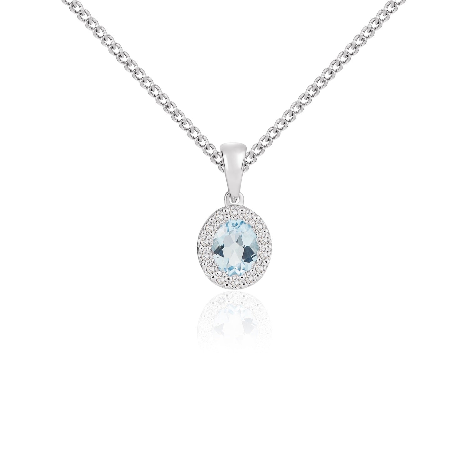 18ct White Gold Oval Natural Aquamarine and Diamond Cluster Pendant — 5x4mm
